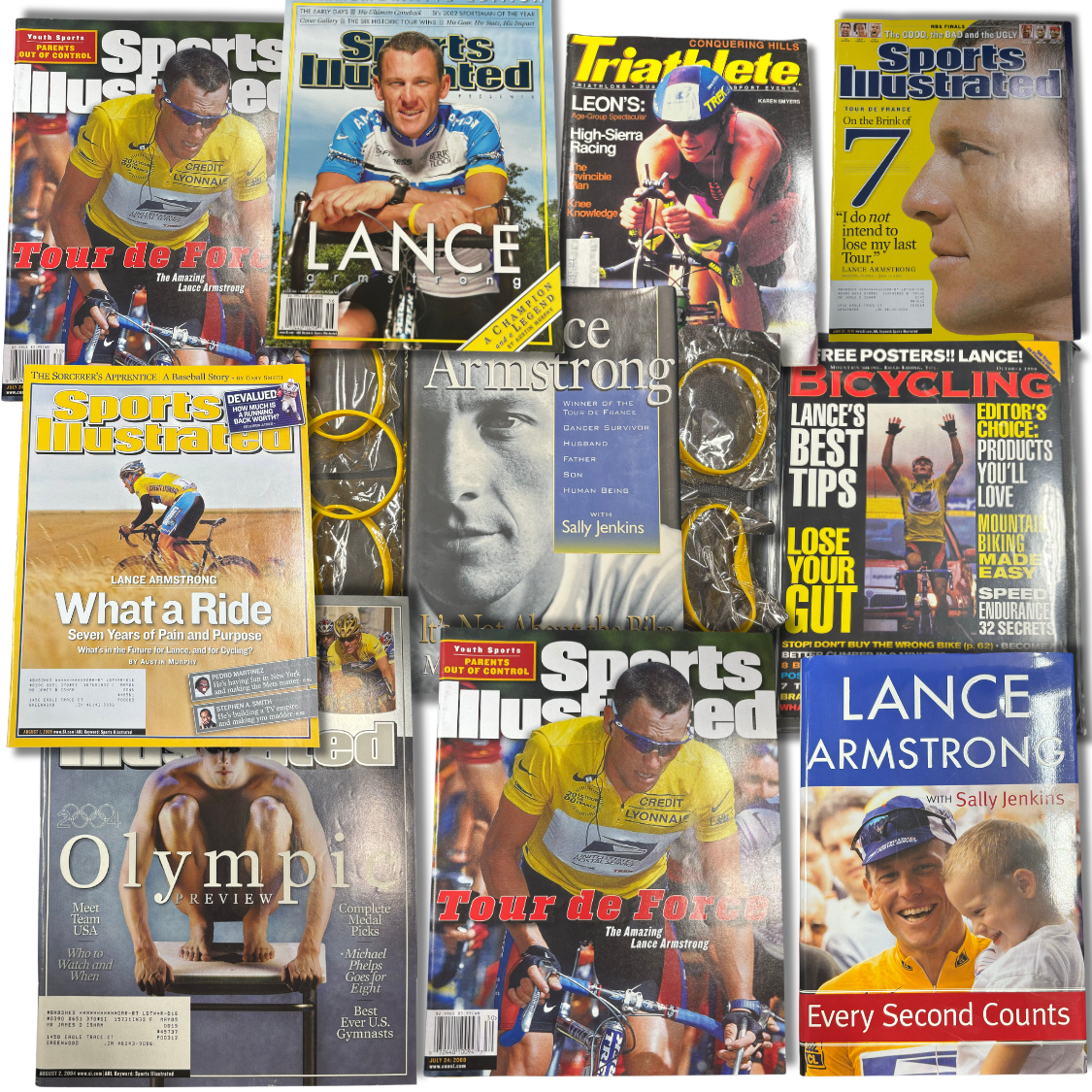 Lance Armstrong 2 Books 9 Magazines + Bracelets